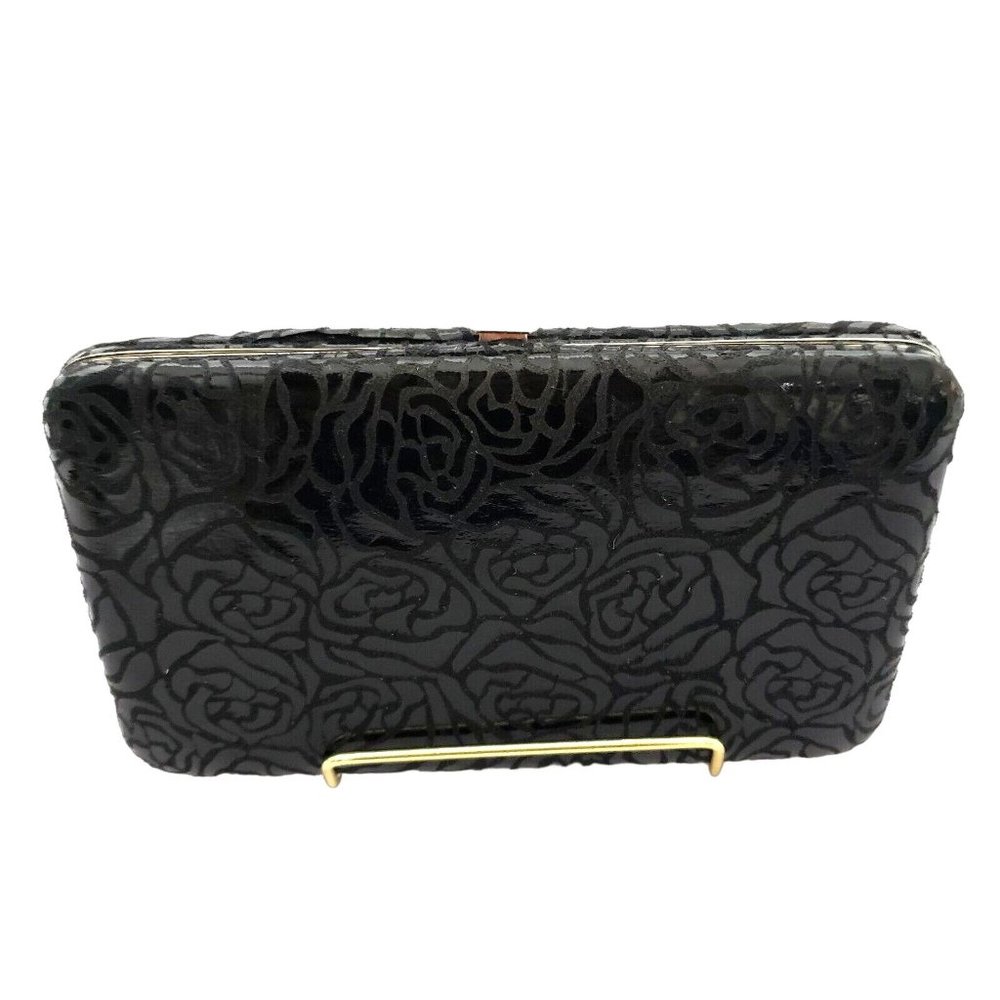 Bifold Wallet Black Embossed Floral Gold Metal Hardware ID Card Holder Push Lock
